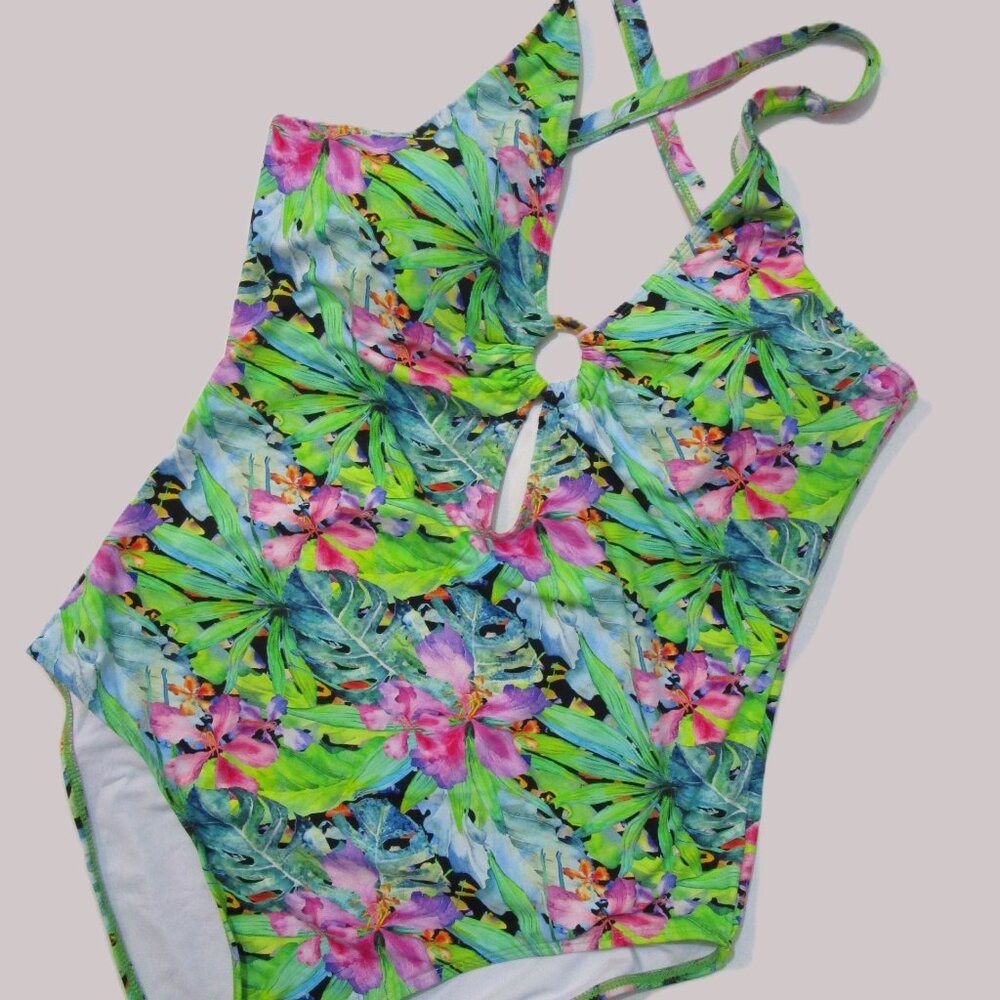 One Piece Maillot Halter Orchid Floral Swimsuit